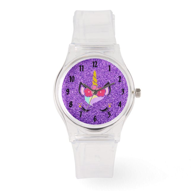 Gepersonaliseerde Eenhoorn Paarse Glitter Polshorl Horloge (Voorkant)
