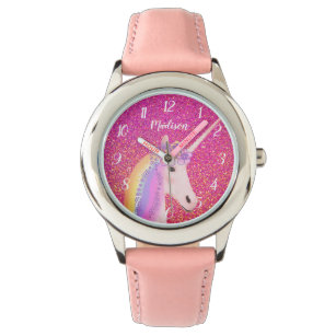 Gepersonaliseerde Eenhoorn Roze Glitter Sparkle Ki Horloge
