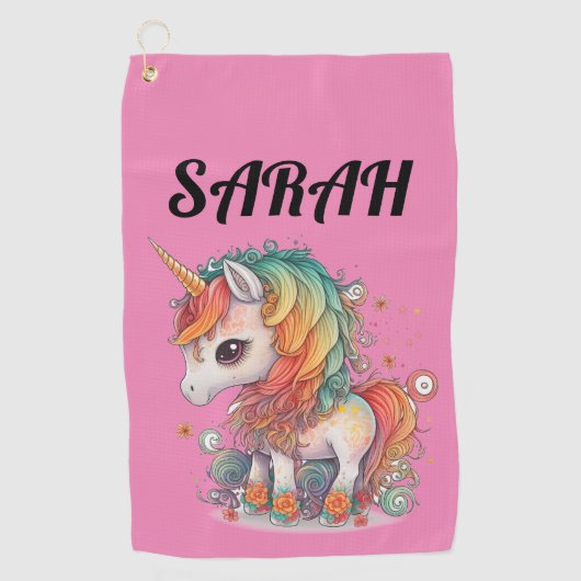 GEPERSONALISEERDE EENHOORN ROZE GOLFHANDDOEK VOOR  (Voorkant)