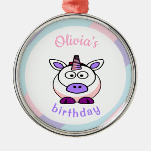 Gepersonaliseerde eenhoorn verjaardag pastel kleur metalen ornament