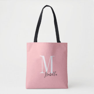 Gepersonaliseerde eenvoudige naam en monogram roze tote bag