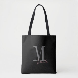 Gepersonaliseerde eenvoudige zwarte roze naam en m tote bag