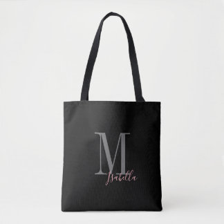 Gepersonaliseerde eenvoudige zwarte roze naam en m tote bag