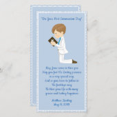 Gepersonaliseerde eerste-commune-Bladwijzer-jongen Bedankkaart (Voorkant / Achterkant)