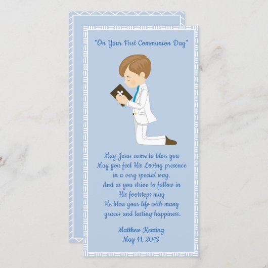 Gepersonaliseerde eerste-commune-Bladwijzer-jongen Bedankkaart (Voorkant / Achterkant)