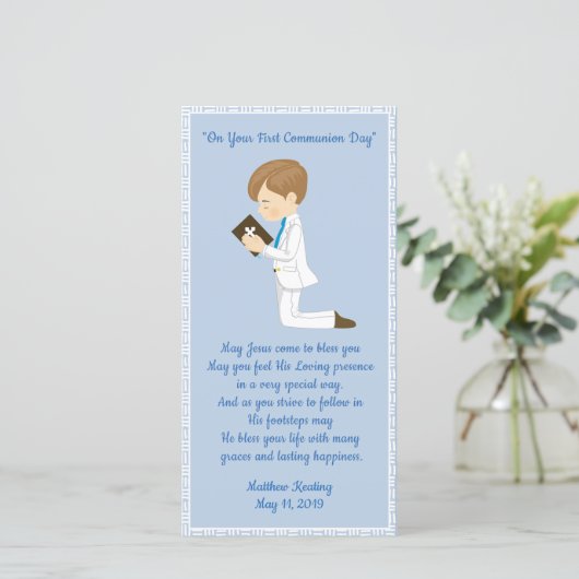 Gepersonaliseerde eerste-commune-Bladwijzer-jongen Bedankkaart (Staand voorkant)