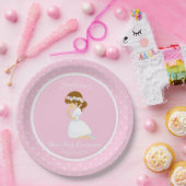 Gepersonaliseerde eerste gemeenschap Brunette Girl Papieren Bordje (Feest)