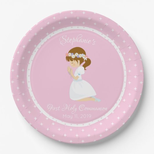 Gepersonaliseerde eerste gemeenschap Brunette Girl Papieren Bordje (Voorkant)
