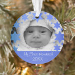 Gepersonaliseerde Eerste Hanukkah Ornament<br><div class="desc">Happy Hanukkah! Ster van David en Menorah Design Hanukkah Ornament met gepersonaliseerd jaar,  naam van de baby,  geboortedatum en foto. De perfecte manier om de eerste feestdag van de vreugde te herdenken! Het is een geweldig cadeau!</div>