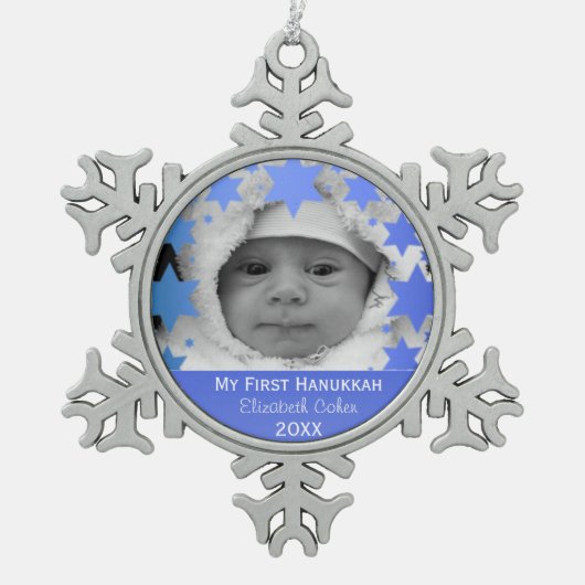 Gepersonaliseerde Eerste Hanukkah Tin Sneeuwvlok Ornament (Voorkant)