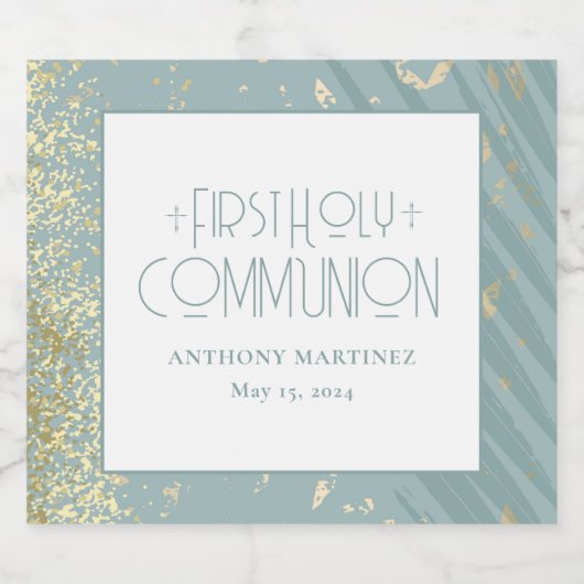 Gepersonaliseerde Eerste Heilige Communie Blauw Go Sparkling Wijnetiket (Enkel label)