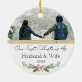Gepersonaliseerde eerste kerst als man en vrouw keramisch ornament (Achterkant)