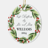 Gepersonaliseerde eerste kerst als Mr & Mrs Feeste Keramisch Ornament (Links)