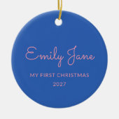 Gepersonaliseerde eerste kerst Baby foto naam blau Keramisch Ornament (Voorkant)