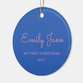 Gepersonaliseerde eerste kerst Baby foto naam blau Keramisch Ornament (Links)