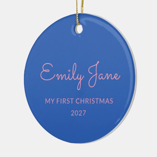 Gepersonaliseerde eerste kerst Baby foto naam blau Keramisch Ornament (Links)