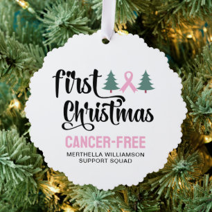 Gepersonaliseerde EERSTE KERST Borstkanker Gratis Ornament Kaart