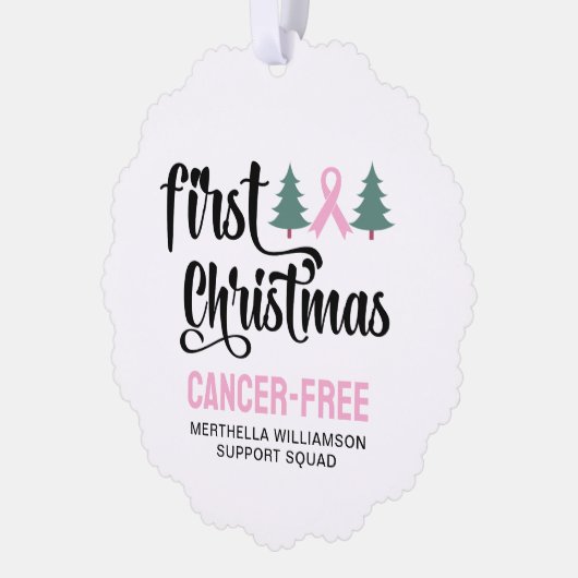 Gepersonaliseerde EERSTE KERST Borstkanker Gratis Ornament Kaart (Links)