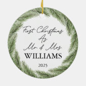Gepersonaliseerde eerste kerst getrouwd feestelijk keramisch ornament (Achterkant)