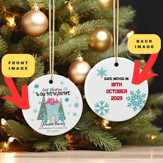 Gepersonaliseerde eerste kerst in een nieuw huis keramisch ornament