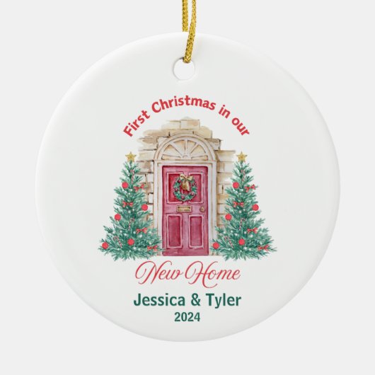 Gepersonaliseerde eerste kerst in nieuw huis keramisch ornament (Voorkant)
