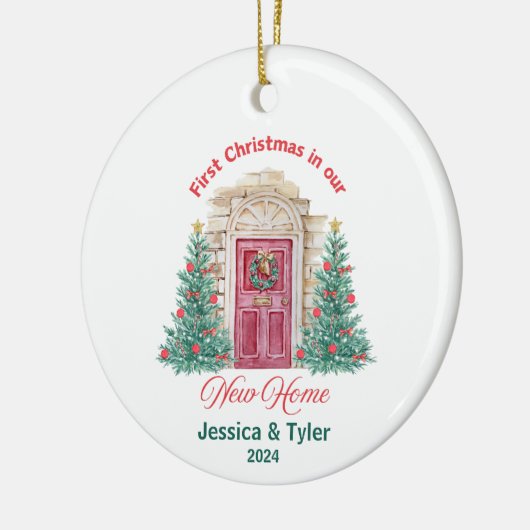 Gepersonaliseerde eerste kerst in nieuw huis keramisch ornament (Links)
