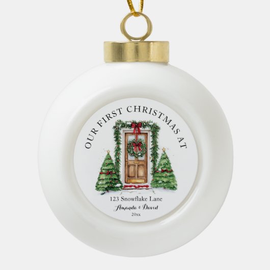Gepersonaliseerde eerste kerst in ons nieuwe huis keramische bal ornament (Voorkant)