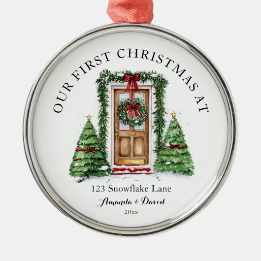 Gepersonaliseerde eerste kerst in ons nieuwe huis metalen ornament (Voorkant)