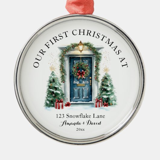 Gepersonaliseerde eerste kerst in ons nieuwe huis metalen ornament (Voorkant)