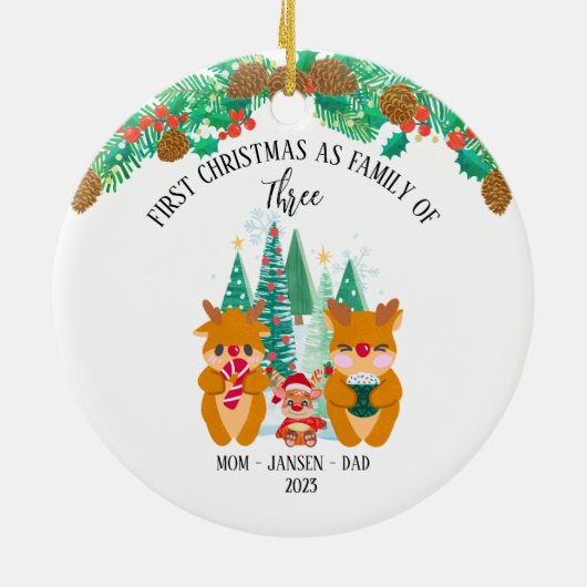 Gepersonaliseerde eerste kerst rendieren keramisch ornament (Achterkant)