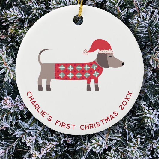 Gepersonaliseerde eerste kerst teckel hond keramisch ornament