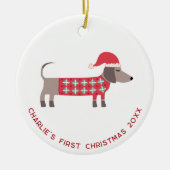 Gepersonaliseerde eerste kerst teckel hond keramisch ornament (Voorkant)