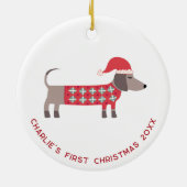 Gepersonaliseerde eerste kerst teckel hond keramisch ornament (Achterkant)