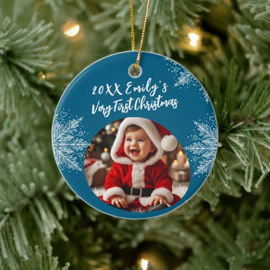 Gepersonaliseerde eerste kerst Voeg foto Snowflake Keramisch Ornament (Boom)