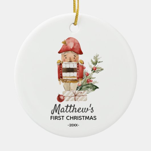Gepersonaliseerde eerste kerstbaby Boy Nutcracker Keramisch Ornament (Voorkant)