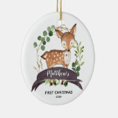 Gepersonaliseerde eerste kerstjongenWoodland Keramisch Ornament (Rechts)