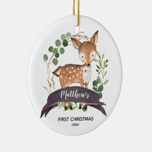 Gepersonaliseerde eerste kerstjongenWoodland Keramisch Ornament (Rechts)