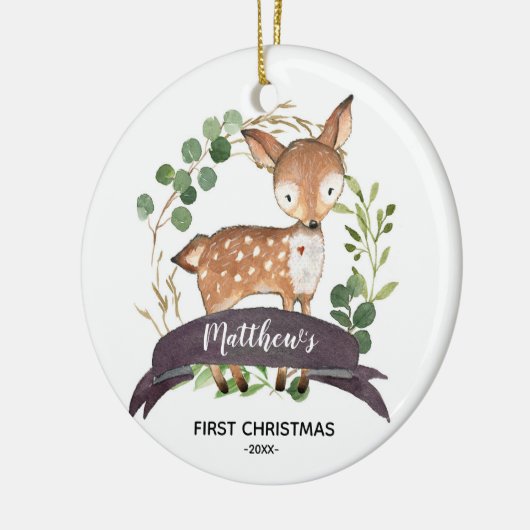 Gepersonaliseerde eerste kerstjongenWoodland Keramisch Ornament (Links)