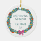 Gepersonaliseerde Eerste Kerstman Familienaam Kran Keramisch Ornament (Voorkant)