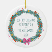 Gepersonaliseerde Eerste Kerstman Familienaam Kran Keramisch Ornament (Achterkant)