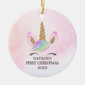 Gepersonaliseerde Eerste Kerstmeisje Eenhoorn Glit Keramisch Ornament (Voorkant)