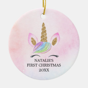 Gepersonaliseerde Eerste Kerstmeisje Eenhoorn Glit Keramisch Ornament