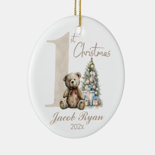 Gepersonaliseerde Eerste Kerstmis beer voor baby Keramisch Ornament (Rechts)