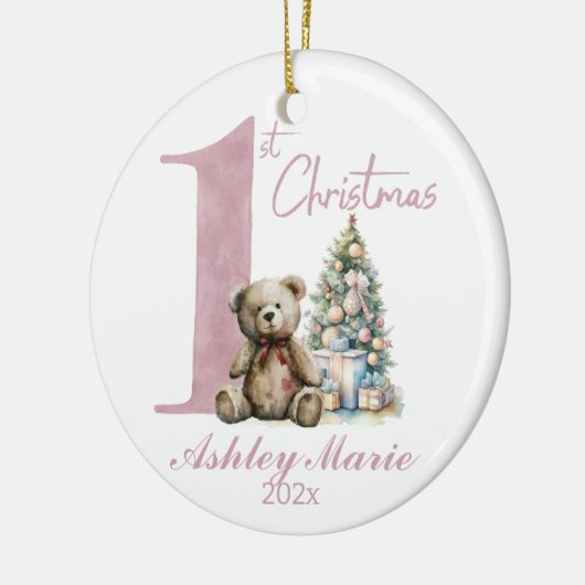 Gepersonaliseerde Eerste Kerstmis beer voor meisje Keramisch Ornament (Links)