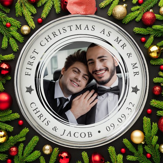 Gepersonaliseerde Eerste Kerstmis Mr & Mr Foto Metalen Ornament