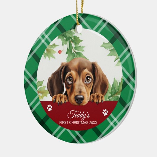 Gepersonaliseerde Eerste Kerstmis van de Dachshund Keramisch Ornament (Links)