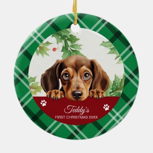 Gepersonaliseerde Eerste Kerstmis van de Dachshund Keramisch Ornament (Achterkant)