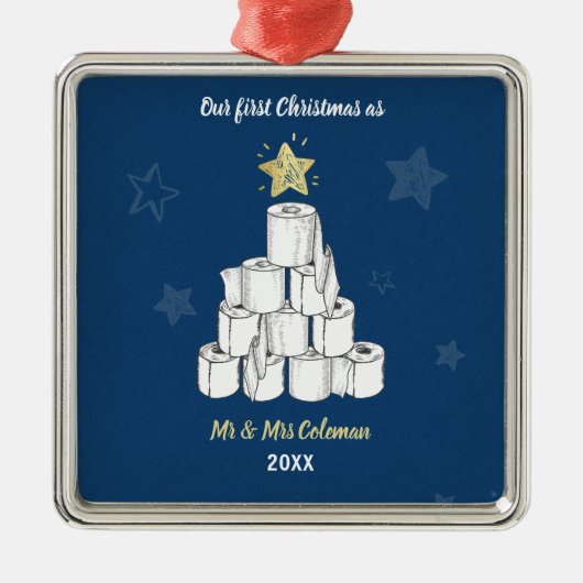 Gepersonaliseerde eerste kersttoiletpapier metalen ornament (Voorkant)