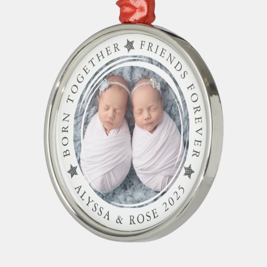 Gepersonaliseerde eerste kersttweeling foto metalen ornament (Links)