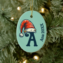 Gepersonaliseerde eerste letter naam en jaar Santa Keramisch Ornament